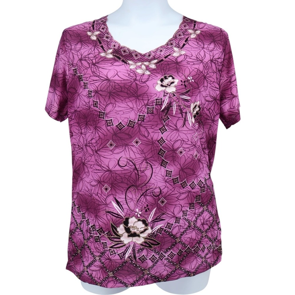 Magenta Sparkle Short Sleeve V Neck Stretch Top Tee Shirt  XL/XXL Floral Graphic